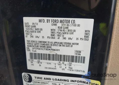 2013 Ford F-150 Lariat z USA, uszkodzony, nr VIN 1FTFW1CT5DKF84331